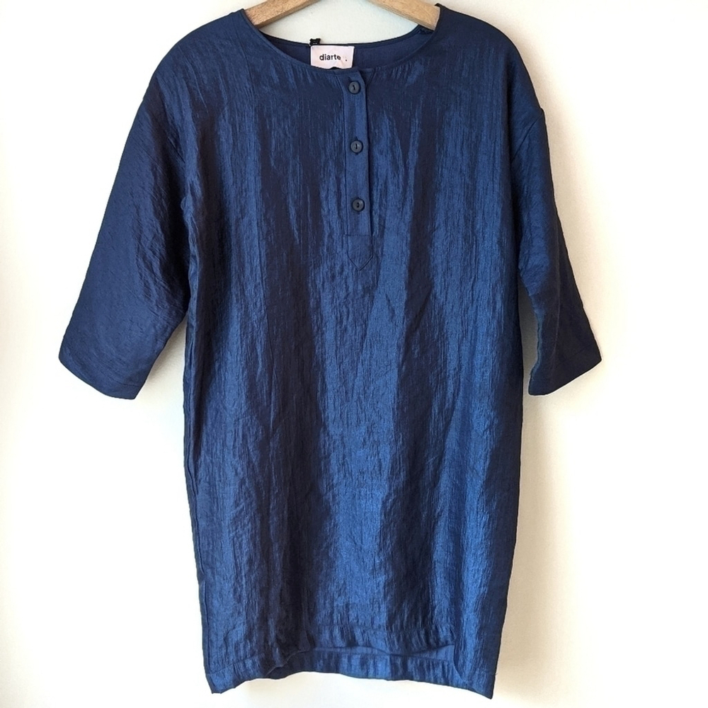 Diarte Oversized Shirt Dress 3/4 Sleeve Viscose Lagenlook Blue Shiny NWT Small - Picture 1 of 6
